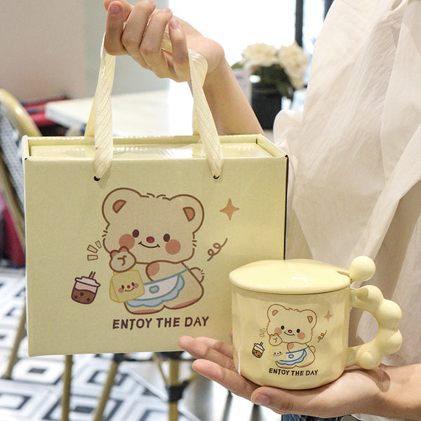 Bear-Shaped Mug, with Lid and Spoon, Ceramic Cup Gift Set